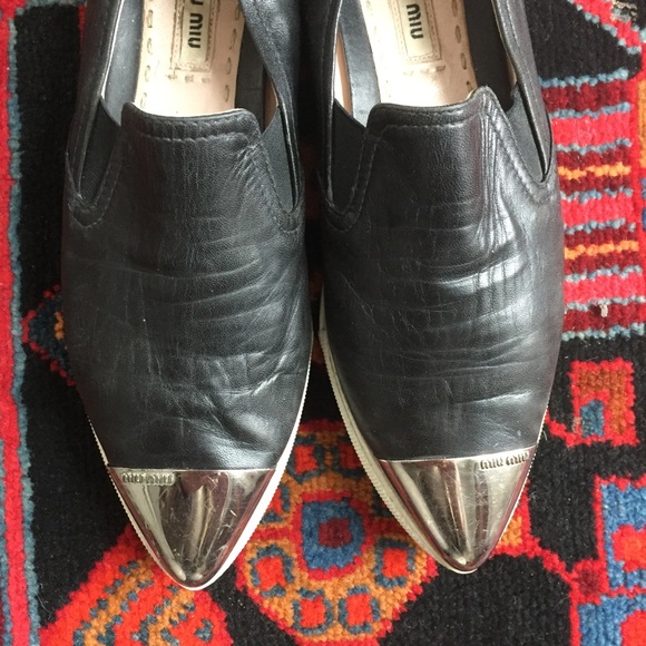 SOLD Miu Miu Metal Cap Toe Black Leather Sneakers - Picture 2 of 8